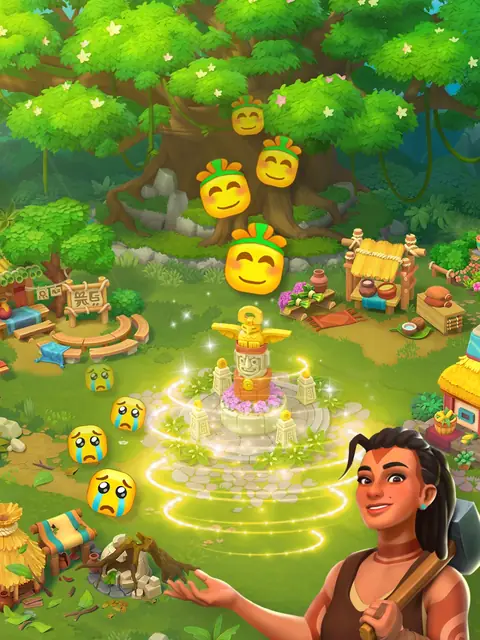 Cradle of Maya: aldeia maia junto à Árvore da Vida, com um totem iluminado e a protagonista