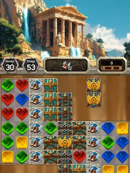Jewel Legends Of Olympus: templo grego com cascatas por cima de um tabuleiro com botas aladas e baús