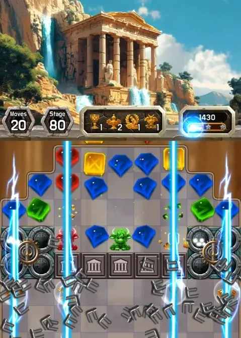Jewel Legends Of Olympus: fase 80 com raios verticais a limpar colunas do tabuleiro